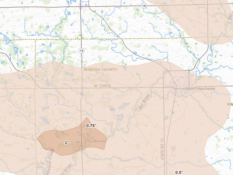 Radar-estimated hail-size map of the storm over North Manchester, IN on Aug 10, 2026