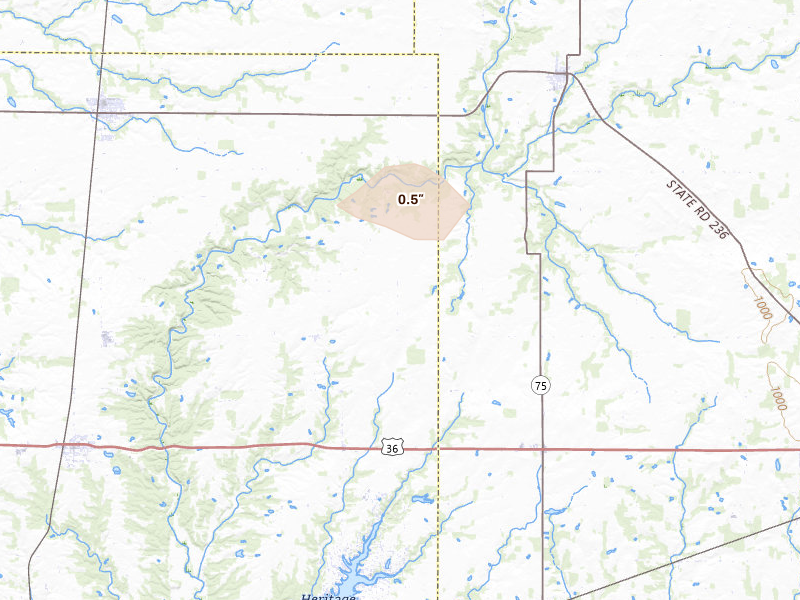 Radar-estimated hail-size map of the storm over North Salem, IN on Jun 16, 2026