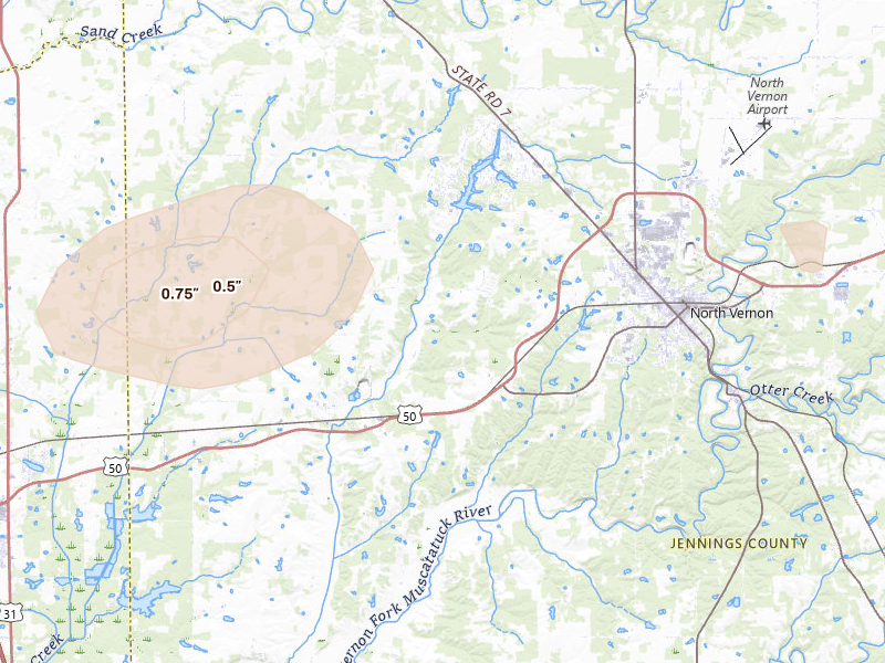 Radar-estimated hail-size map of the storm over North Vernon, IN on Jul 17, 2026