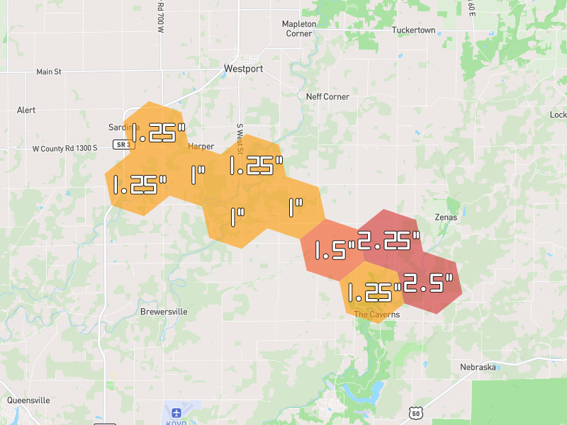 Hail map of North Vernon, IN on Jul 21, 2026, hail up to 2.5"