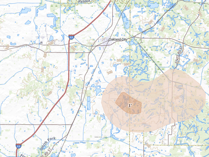 Radar-estimated hail-size map of the storm over Oakland City, IN on Jul 3, 2026