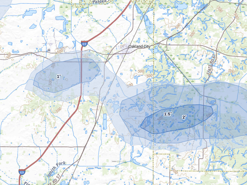 NEXRAD radar-signature map of the hail storm over Oakland City, IN on Jul 3, 2026