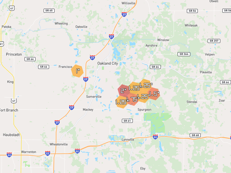 Hail map of Oakland City, IN on Jul 3, 2026, hail up to 2"