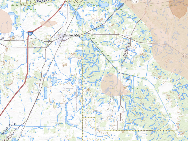 Radar-estimated hail-size map of the storm over Oakland City, IN on Aug 12, 2026