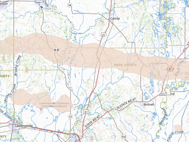 Radar-estimated hail-size map of the storm over Oaktown, IN on Mar 4, 2026