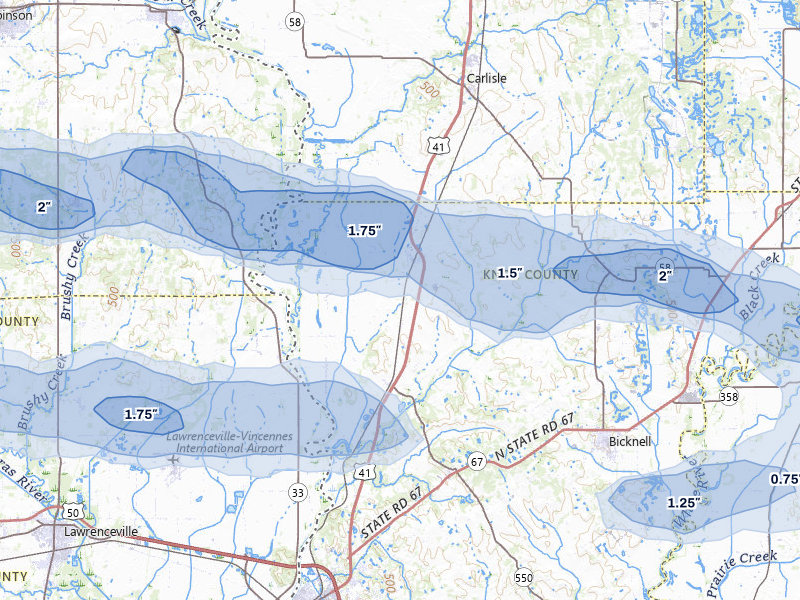 NEXRAD radar-signature map of the hail storm over Oaktown, IN on Mar 4, 2026