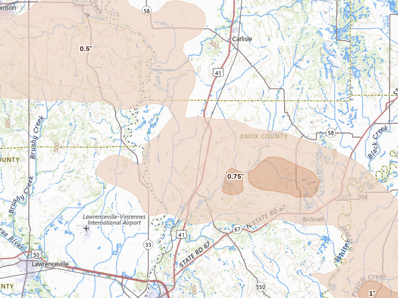 Radar-estimated hail-size map of the storm over Oaktown, IN on Mar 22, 2026