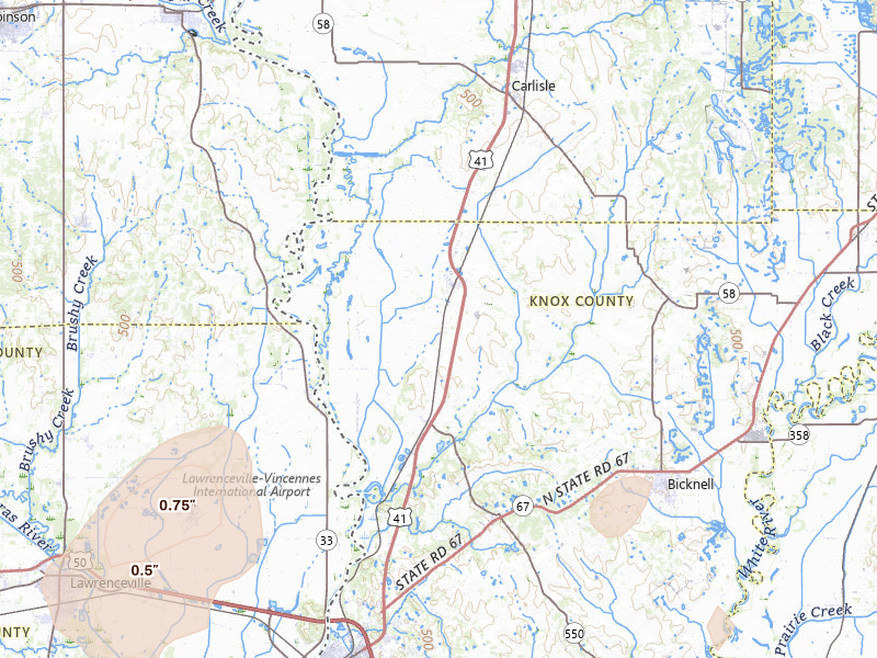 Radar-estimated hail-size map of the storm over Oaktown, IN on May 16, 2026