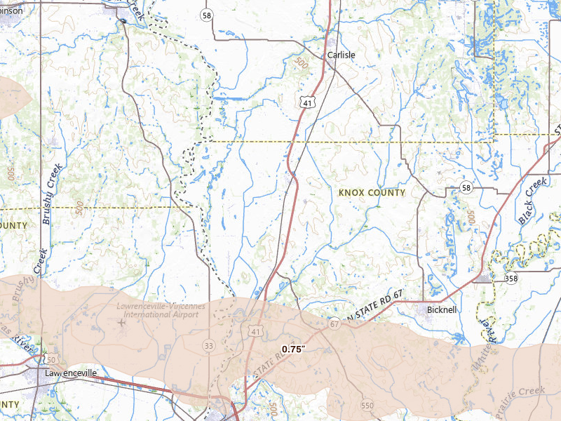 Radar-estimated hail-size map of the storm over Oaktown, IN on Jun 17, 2026