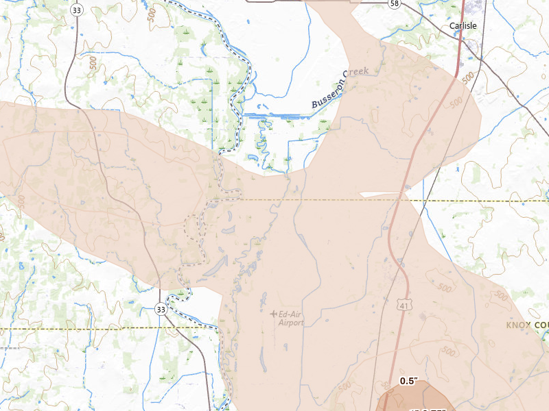 Radar-estimated hail-size map of the storm over Oaktown, IN on Aug 12, 2026