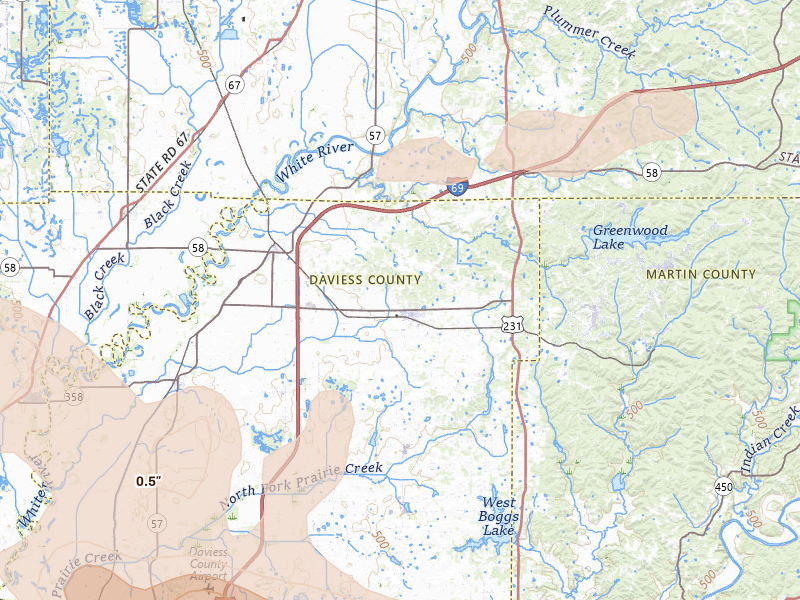Radar-estimated hail-size map of the storm over Odon, IN on Mar 22, 2026
