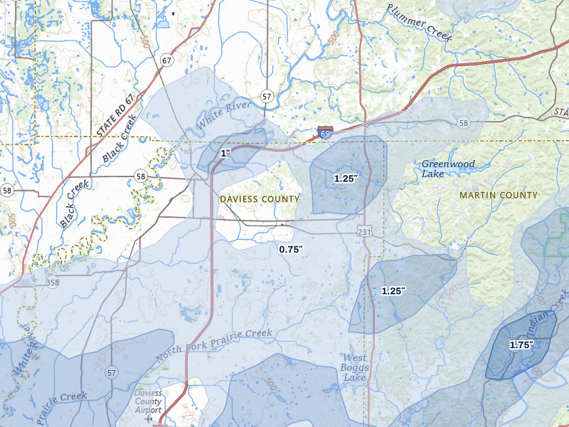 NEXRAD radar-signature map of the hail over Odon, IN