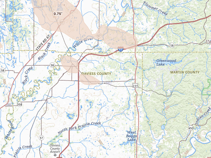 Radar-estimated hail-size map of the storm over Odon, IN on Jun 9, 2026