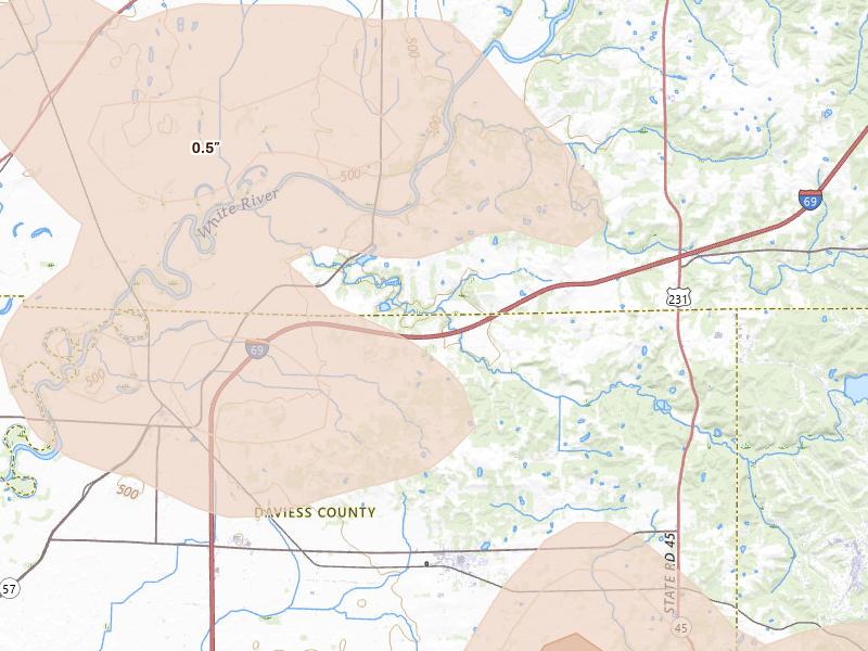 Radar-estimated hail-size map of the storm over Odon, IN on Aug 11, 2026