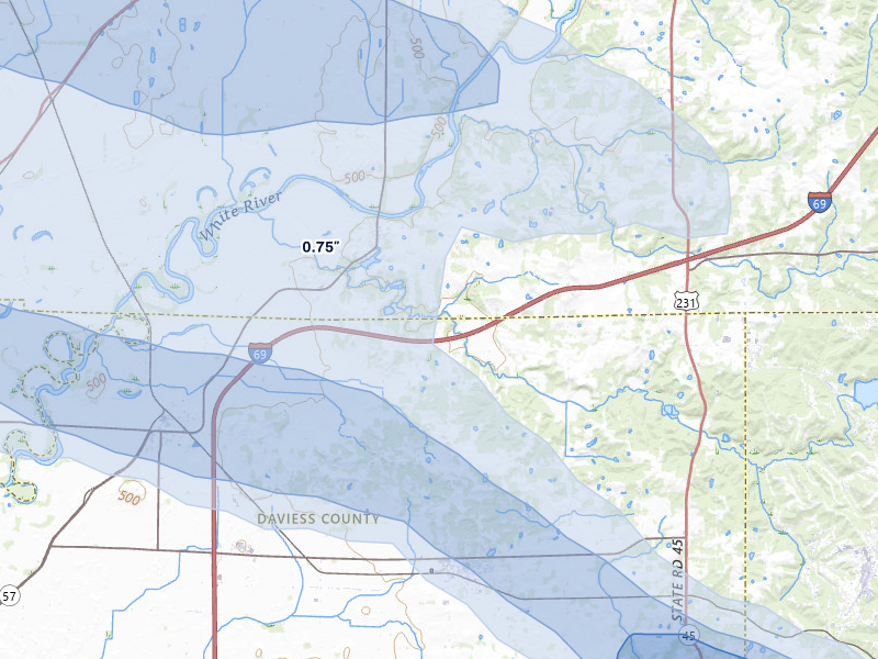 NEXRAD radar-signature map of the hail storm over Odon, IN on Aug 11, 2026