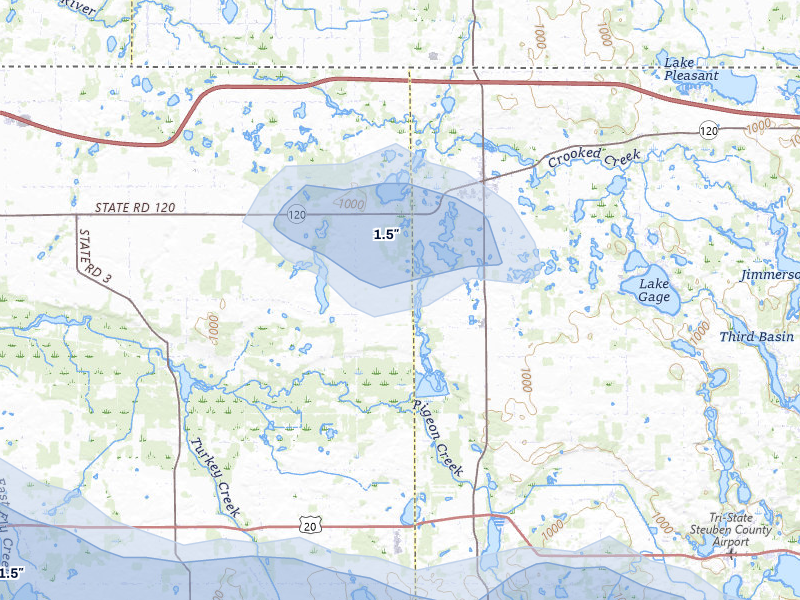 NEXRAD radar-signature map of the hail over Orland, IN