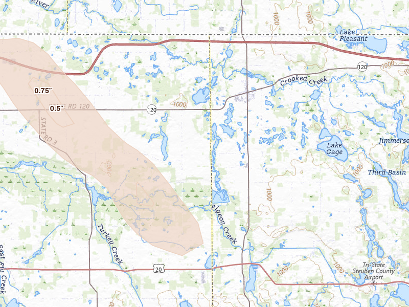 Radar-estimated hail-size map of the storm over Orland, IN on Jul 27, 2026