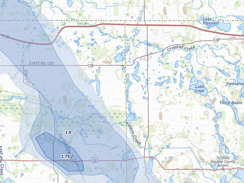 NEXRAD radar-signature map of the hail storm over Orland, IN on Jul 27, 2026