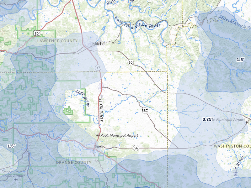 NEXRAD radar-signature map of the hail over Orleans, IN