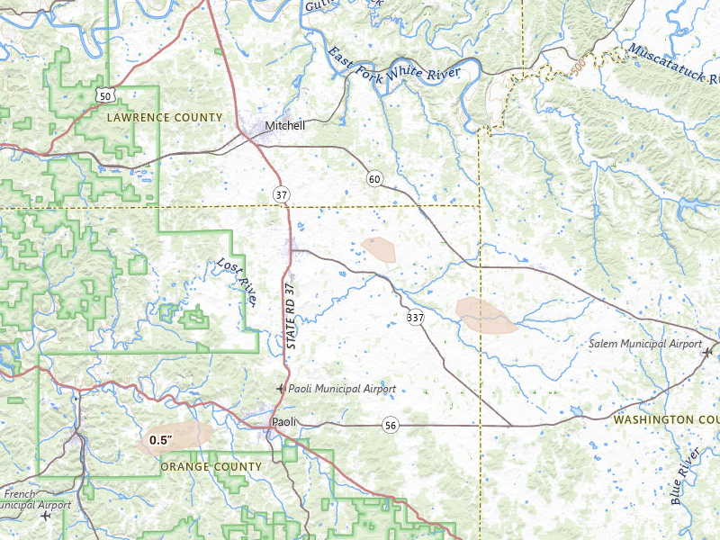 Radar-estimated hail-size map of the storm over Orleans, IN on Jun 25, 2026