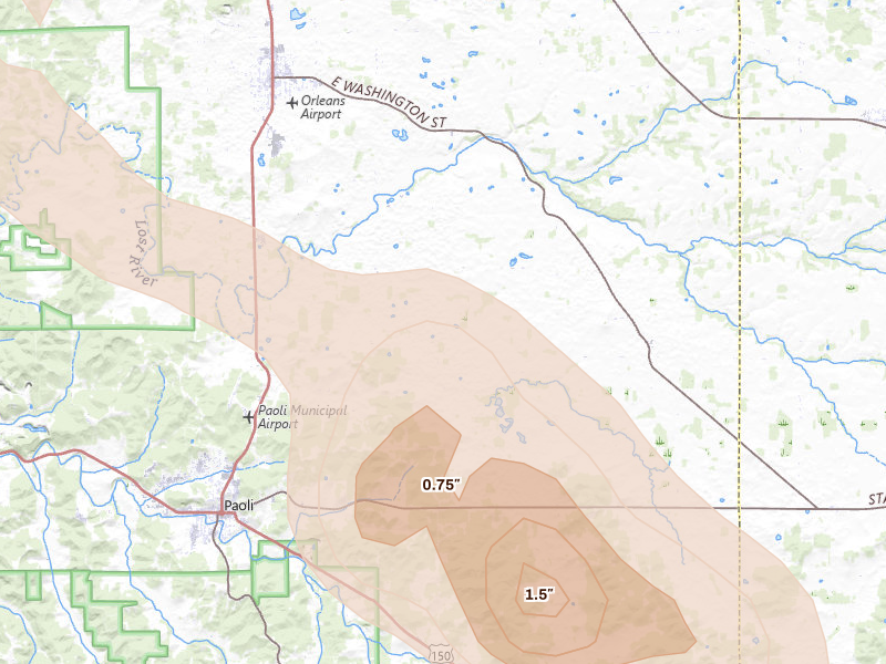 Radar-estimated hail-size map of the storm over Orleans, IN on Aug 11, 2026