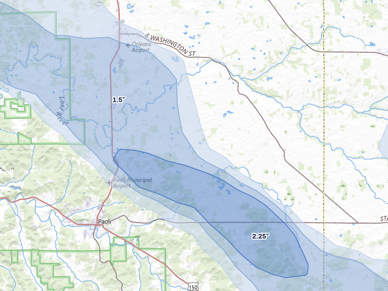 NEXRAD radar-signature map of the hail storm over Orleans, IN on Aug 11, 2026