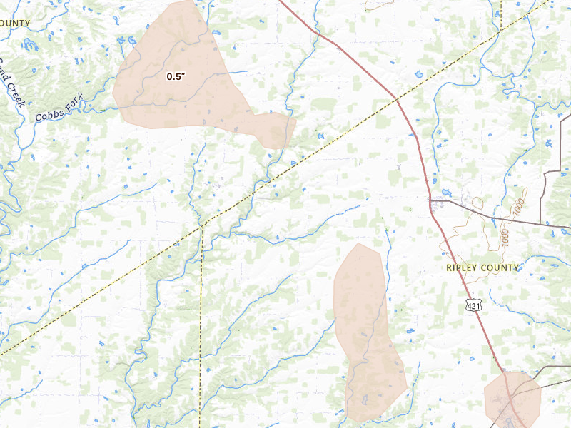 Radar-estimated hail-size map of the storm over Osgood, IN on Aug 11, 2026