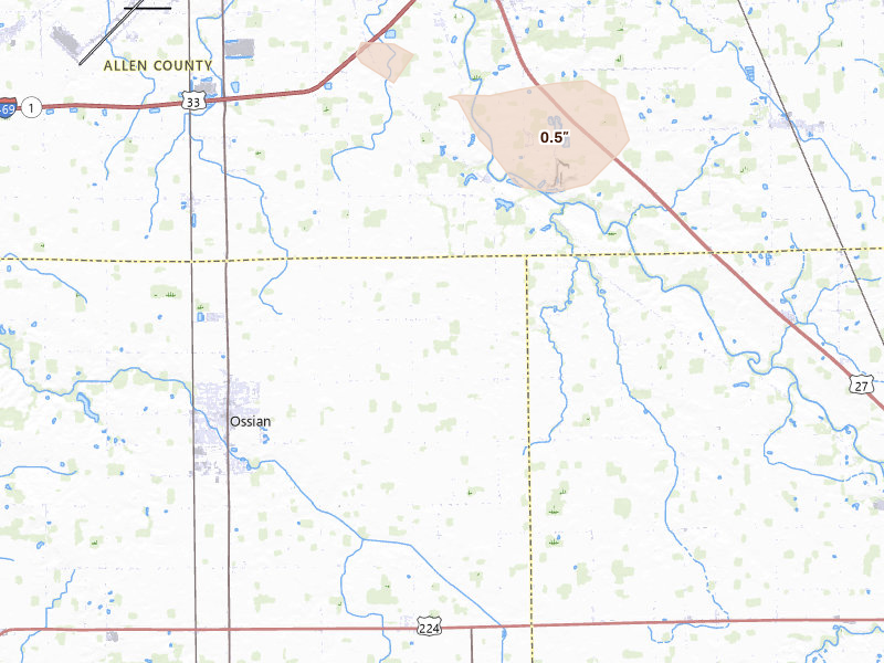 Radar-estimated hail-size map of the storm over Ossian, IN on Jun 6, 2026