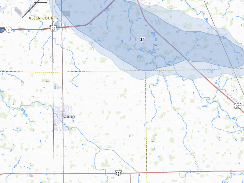 NEXRAD radar-signature map of the hail storm over Ossian, IN on Jun 6, 2026