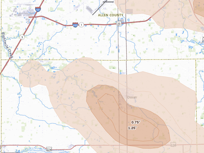 Radar-estimated hail-size map of the storm over Ossian, IN on Aug 9, 2026