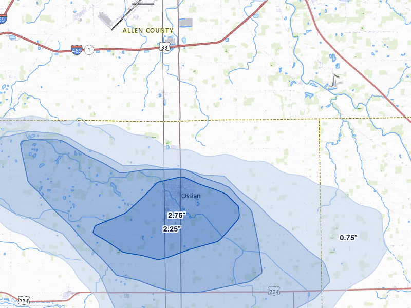NEXRAD radar-signature map of the hail storm over Ossian, IN on Aug 9, 2026