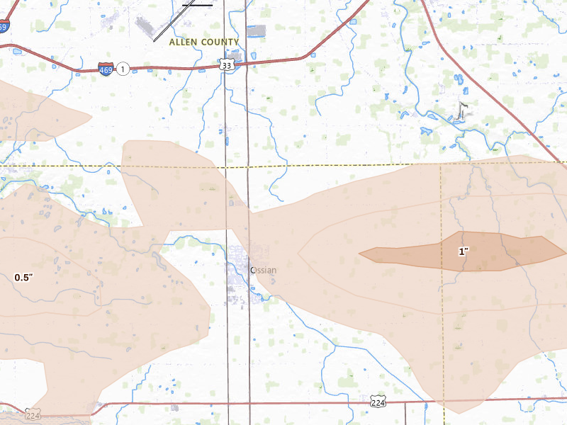 Radar-estimated hail-size map of the storm over Ossian, IN on Aug 10, 2026