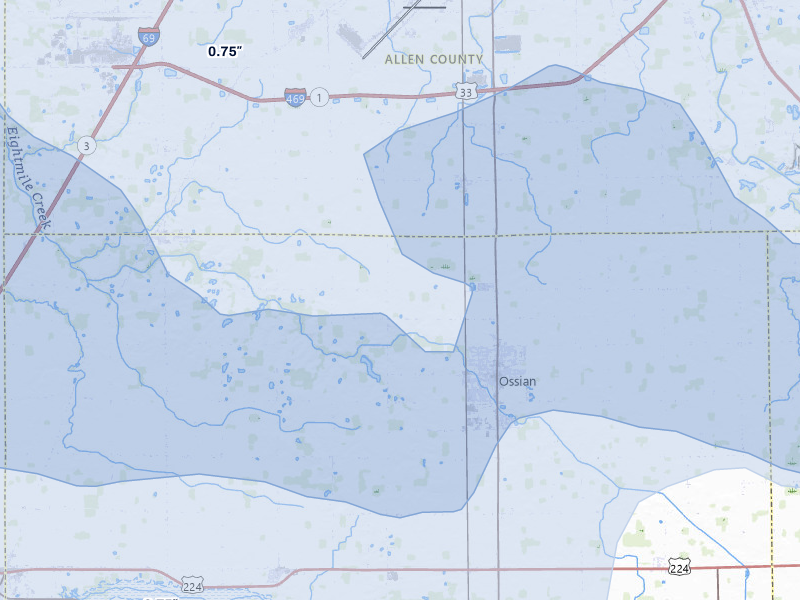 NEXRAD radar-signature map of the hail storm over Ossian, IN on Aug 10, 2026