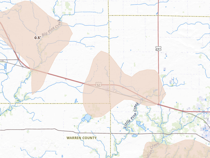 Radar-estimated hail-size map of the storm over Otterbein, IN on Aug 9, 2026