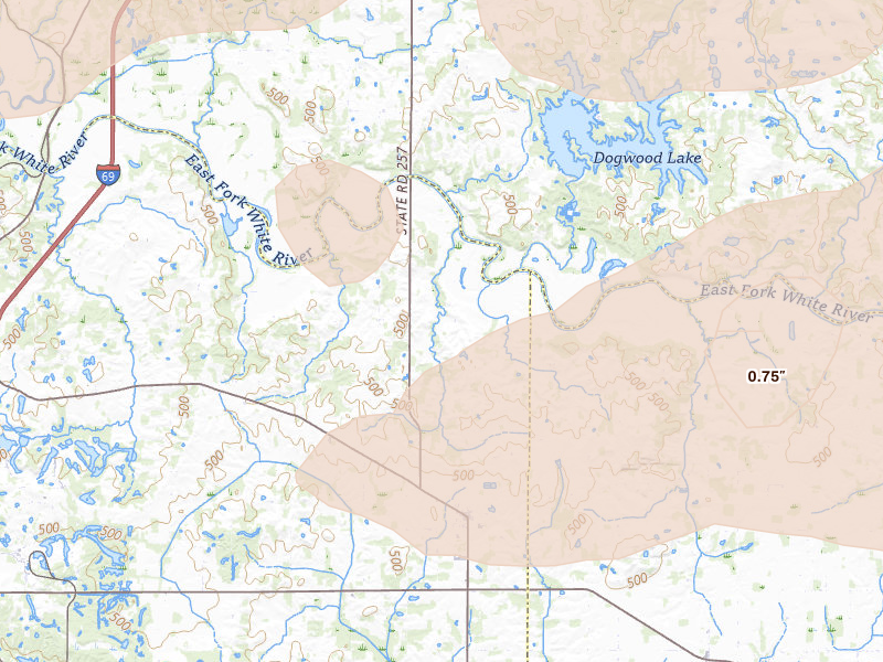 Radar-estimated hail-size map of the storm over Otwell, IN on Apr 27, 2026