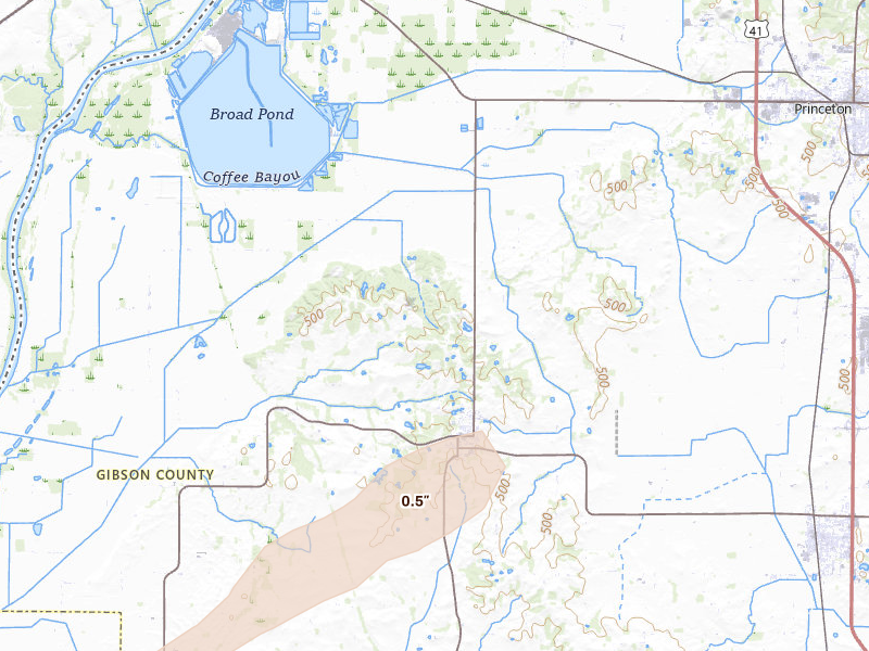 Radar-estimated hail-size map of the storm over Owensville, IN on May 18, 2026