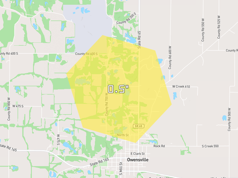 Hail map of Owensville, IN on Jun 27, 2026, hail up to 0.5"
