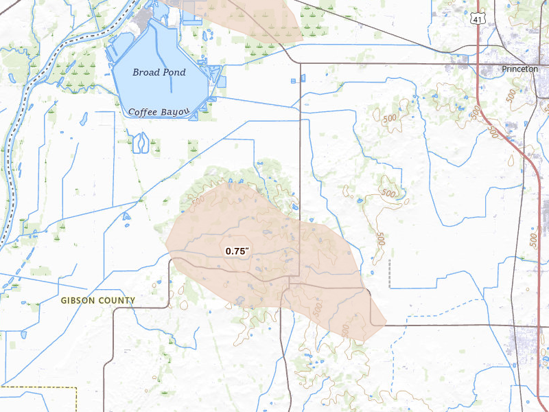Radar-estimated hail-size map of the storm over Owensville, IN on Aug 12, 2026