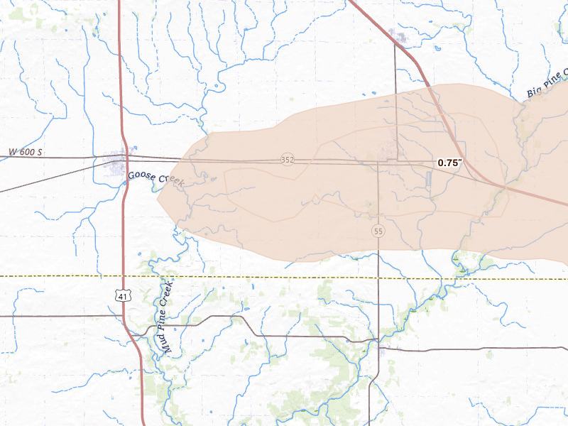 Radar-estimated hail-size map of the storm over Oxford, IN on Jun 16, 2026