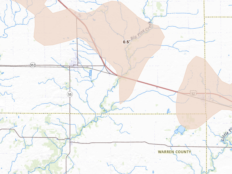 Radar-estimated hail-size map of the storm over Oxford, IN on Aug 9, 2026