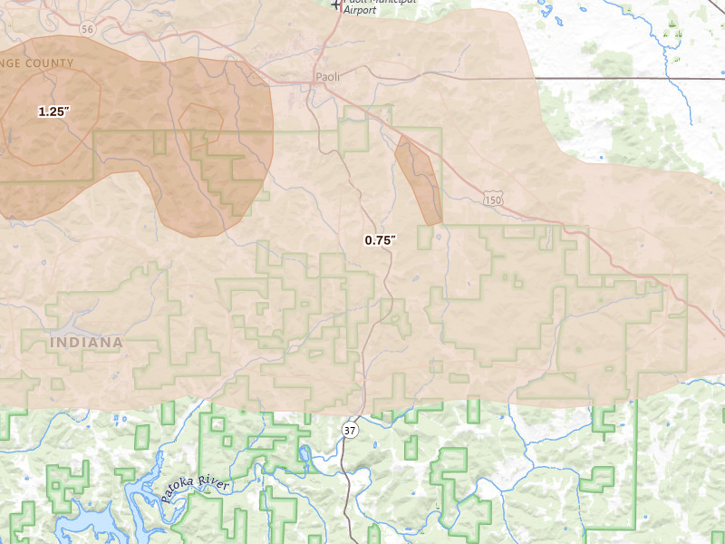 Radar-estimated hail-size map of the storm over Paoli, IN on Mar 22, 2026