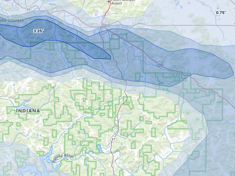 NEXRAD radar-signature map of the hail storm over Paoli, IN on Mar 22, 2026