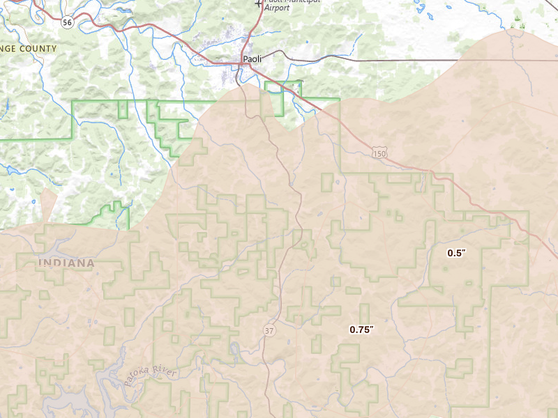 Radar-estimated hail-size map of the storm over Paoli, IN on Apr 27, 2026