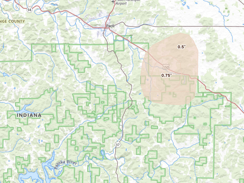 Radar-estimated hail-size map of the storm over Paoli, IN on Jul 3, 2026