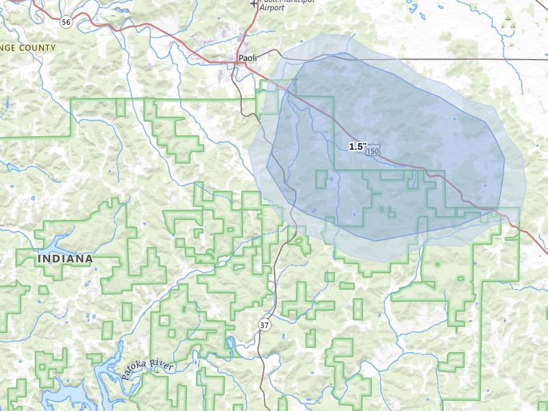 NEXRAD radar-signature map of the hail storm over Paoli, IN on Jul 3, 2026