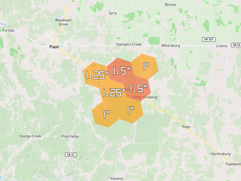 Hail map of Paoli, IN on Jul 3, 2026, hail up to 1.5"