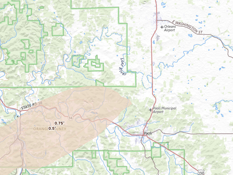 Radar-estimated hail-size map of the storm over Paoli, IN on Aug 7, 2026