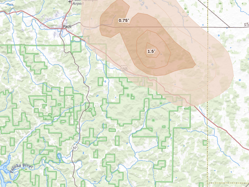 Radar-estimated hail-size map of the storm over Paoli, IN on Aug 11, 2026
