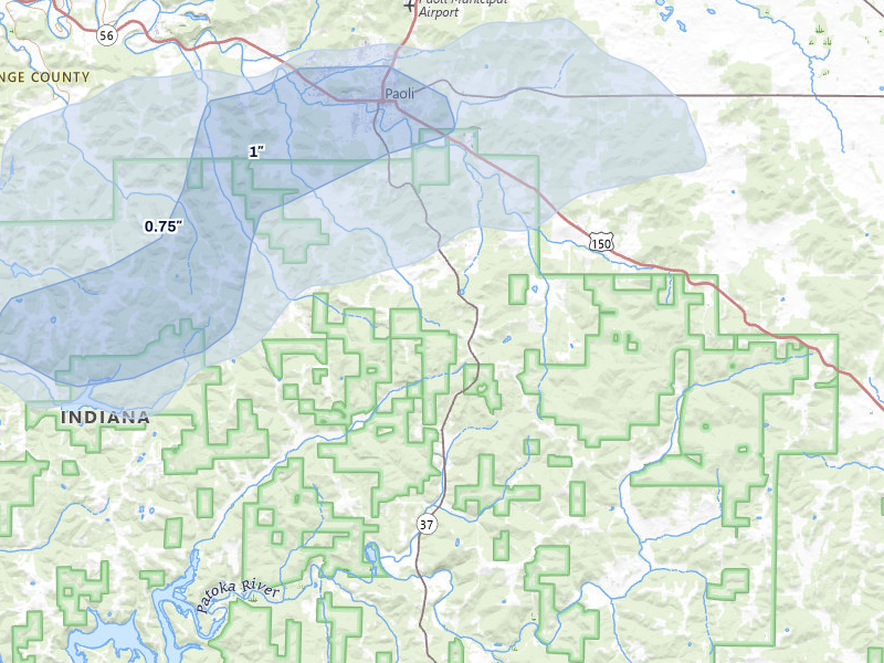 NEXRAD radar-signature map of the hail storm over Paoli, IN on Aug 16, 2026