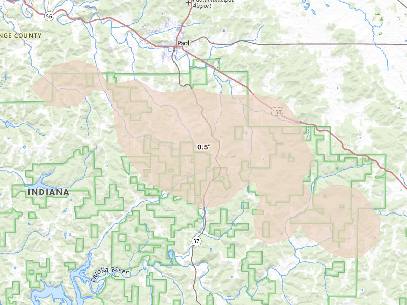 Radar-estimated hail-size map of the storm over Paoli, IN on Aug 26, 2026